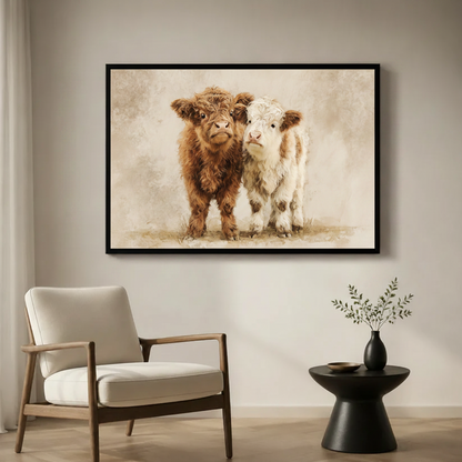 Highland Calves Watercolor Farmhouse Canvas Art
