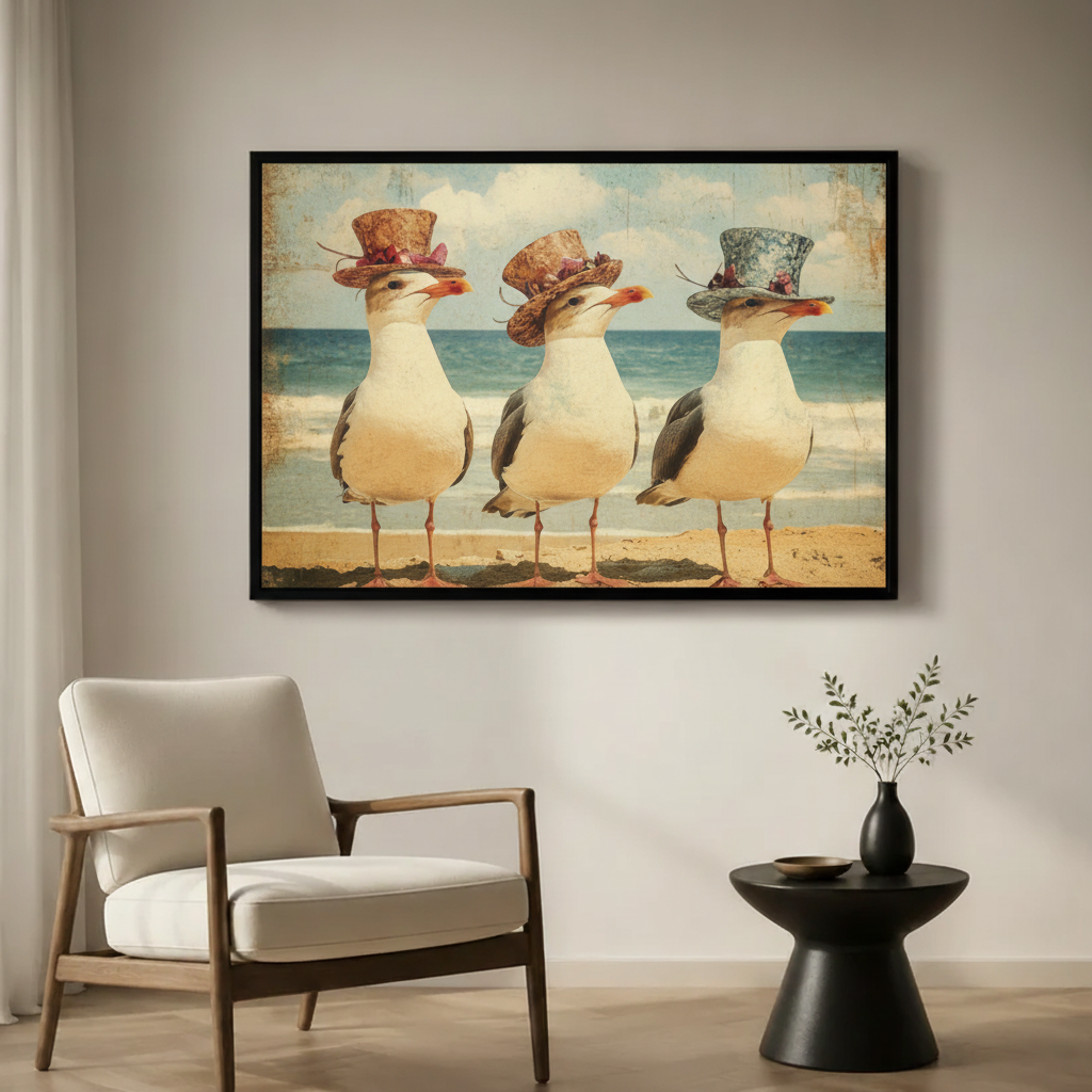 Dapper Seagulls Beach Vintage Oil Canvas Art