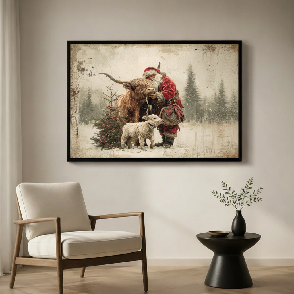 Santa & Highland Cow Christmas Vintage Oil Canvas Art
