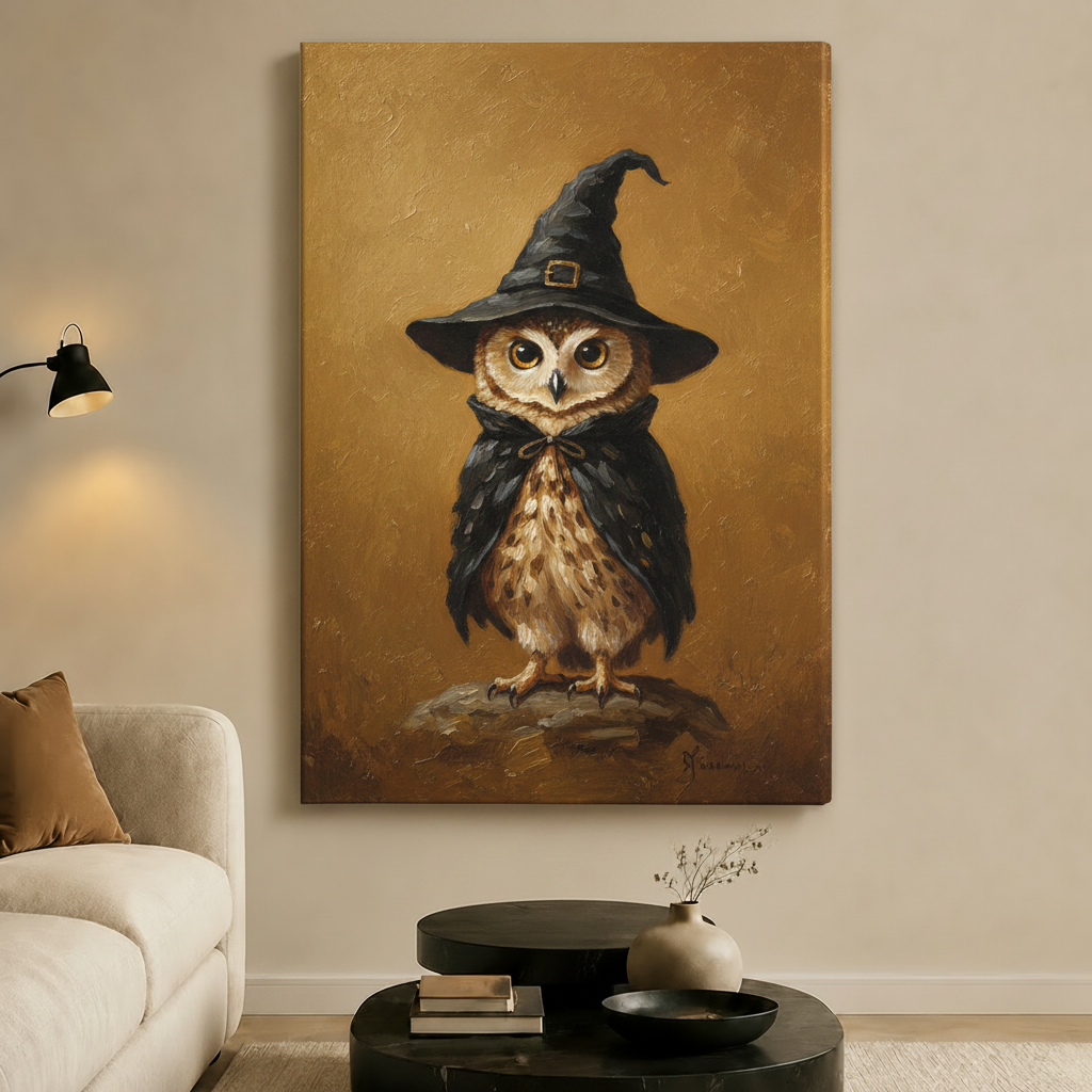 Wizard Owl Halloween Vintage Oil Canvas Art