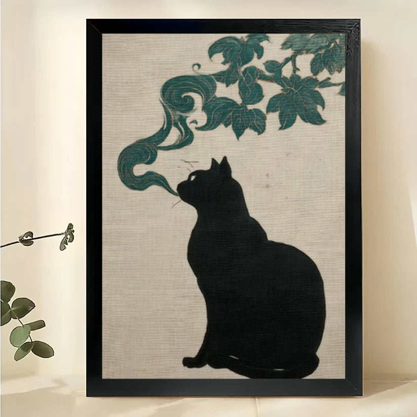 Smoking Black Cat – Japanese Ink Style Wall Art on Natural Wood Canvas | W876