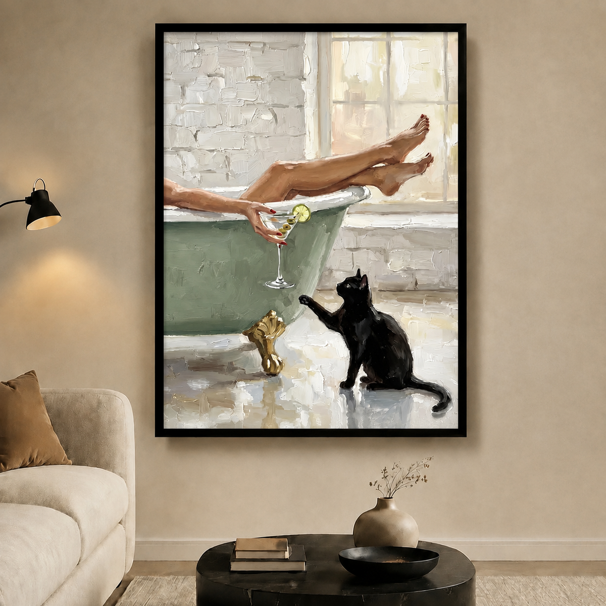 Bathtub Woman Black Cat Martini Canvas Art