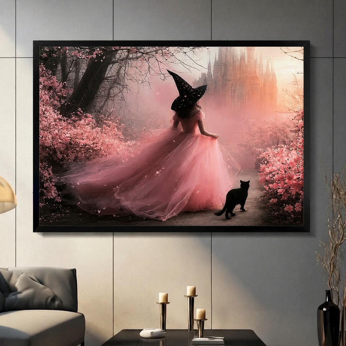 Pink Witch Black Cat Fantasy Canvas Wall Art
