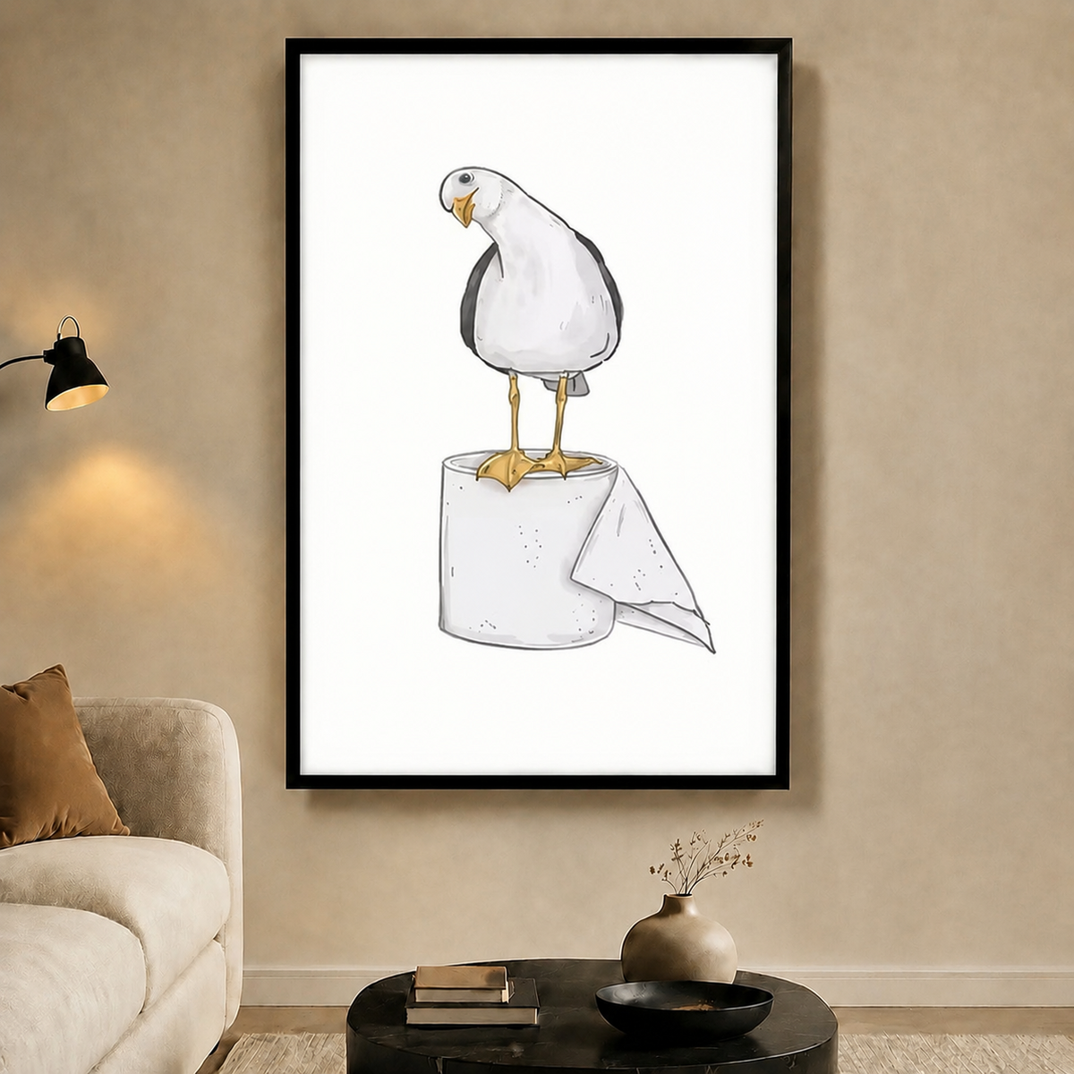 Seagull on Toilet Paper Funny Bathroom Canvas Art