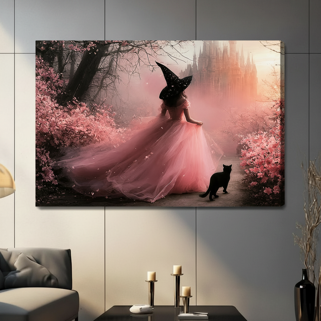 Pink Witch Black Cat Fantasy Canvas Wall Art