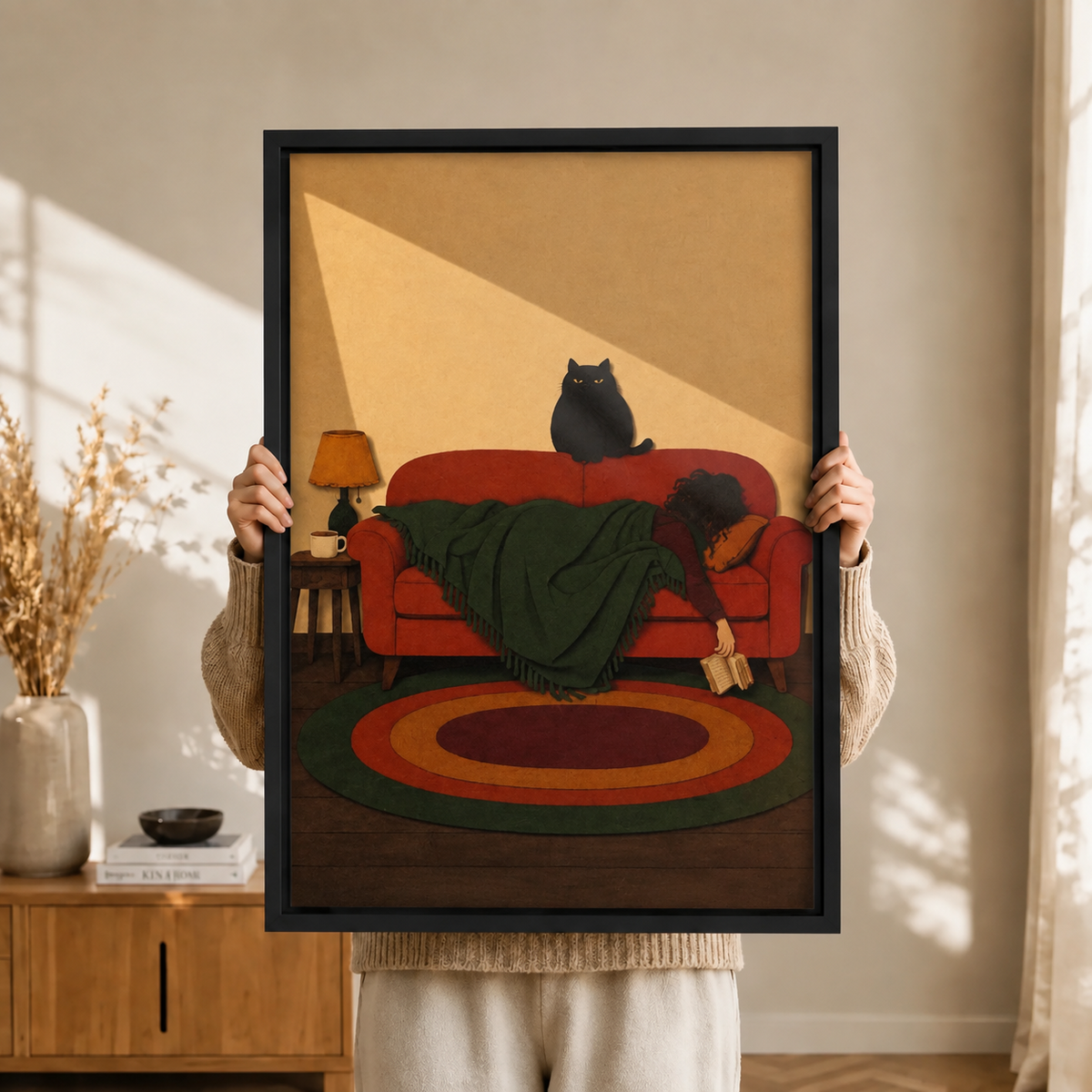Cozy Black Cat Reading Canvas Art
