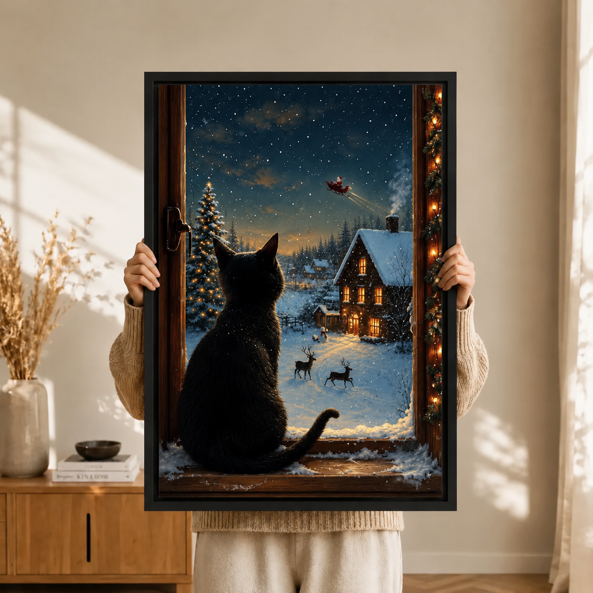 Black Cat Christmas Night Window Canvas Art
