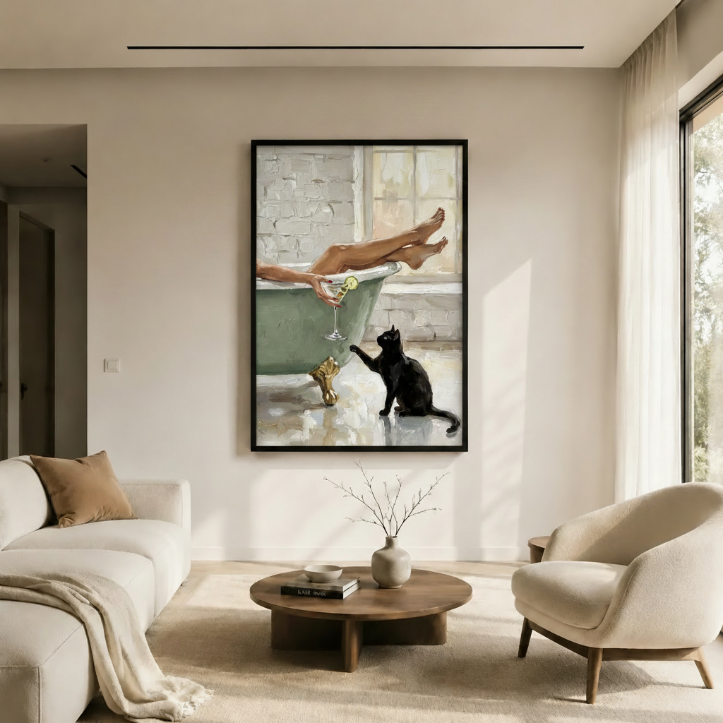Bathtub Woman Black Cat Martini Canvas Art