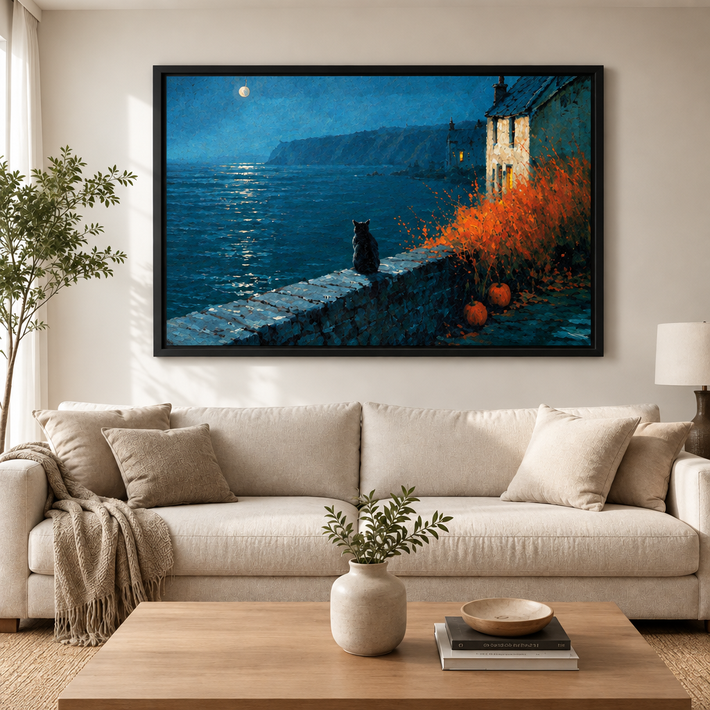 Black Cat Coastal Moonlight Night Canvas Art