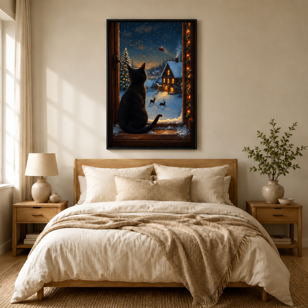 Black Cat Christmas Night Window Canvas Art