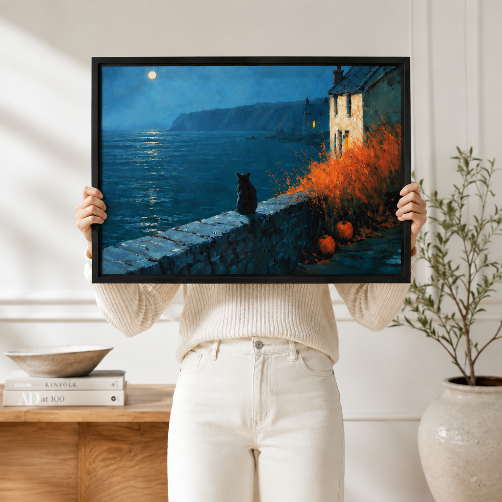 Black Cat Coastal Moonlight Night Canvas Art