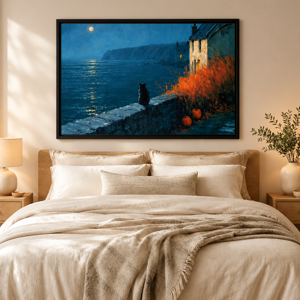 Black Cat Coastal Moonlight Night Canvas Art