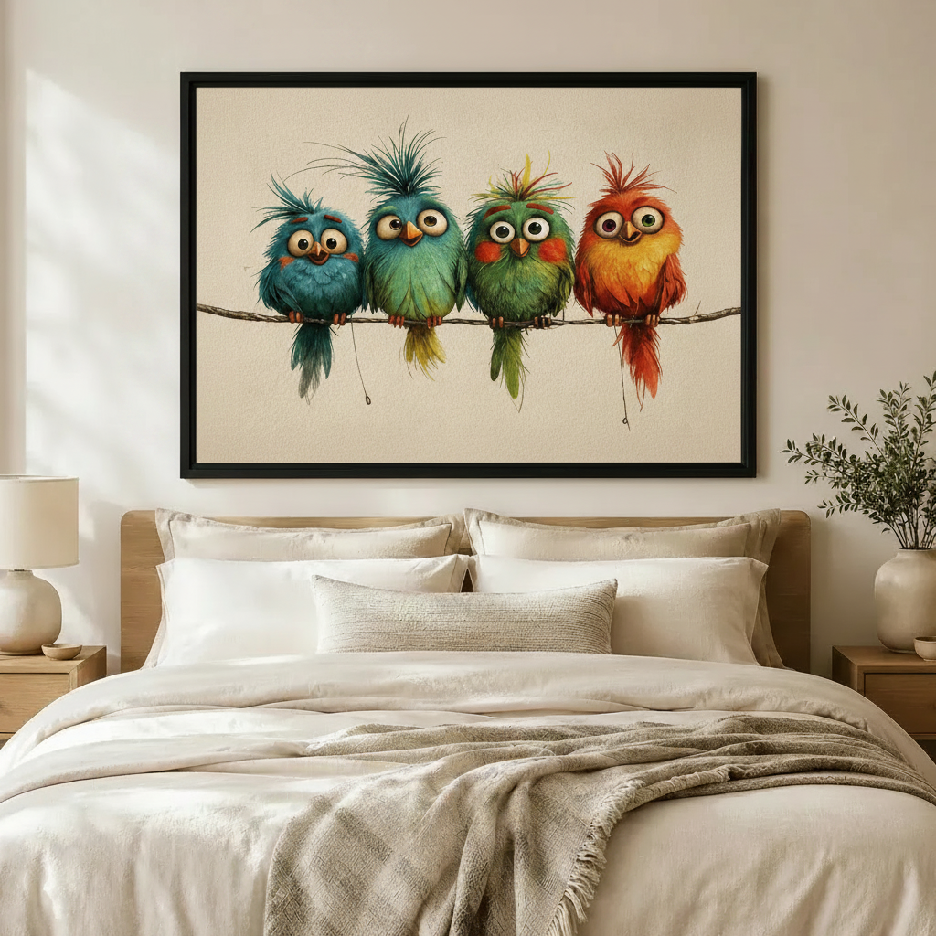 Whimsical Colorful Parrot Quartet Canvas Art