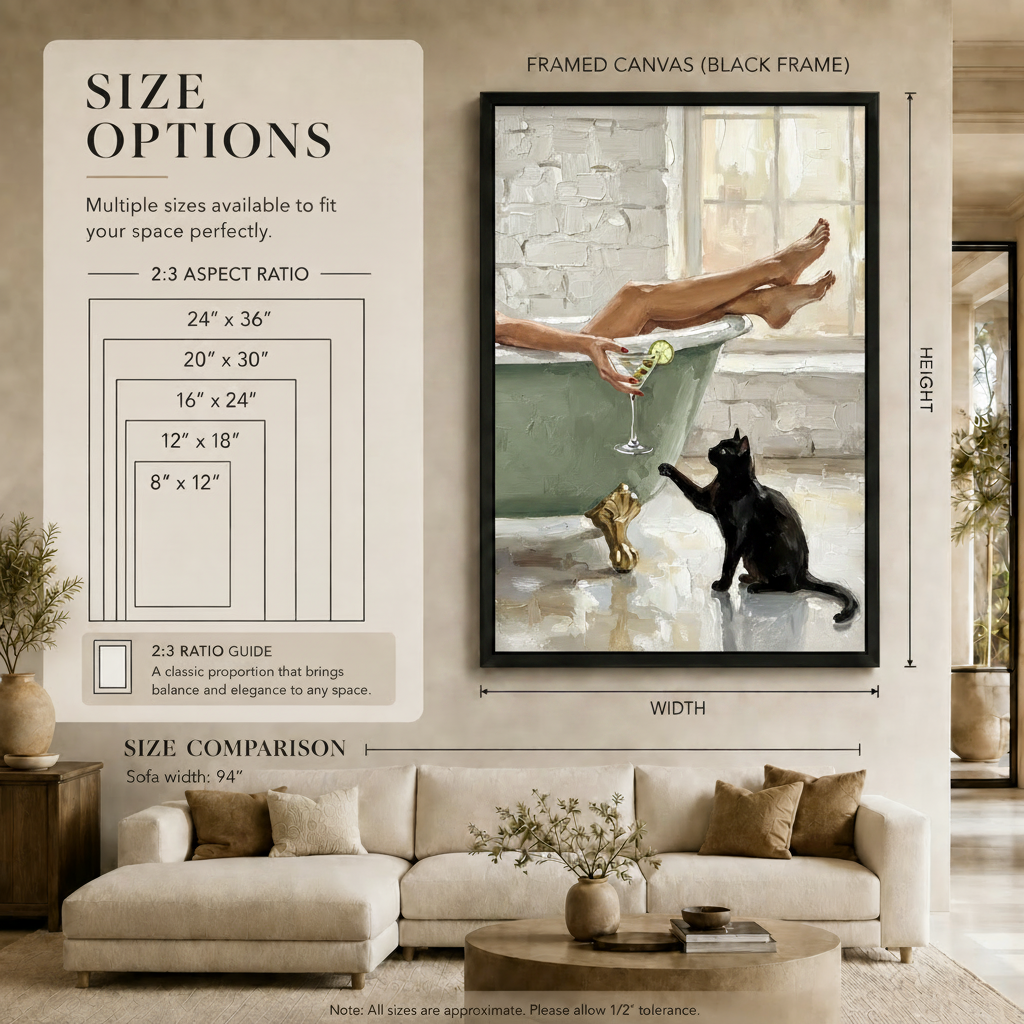 Bathtub Woman Black Cat Martini Canvas Art