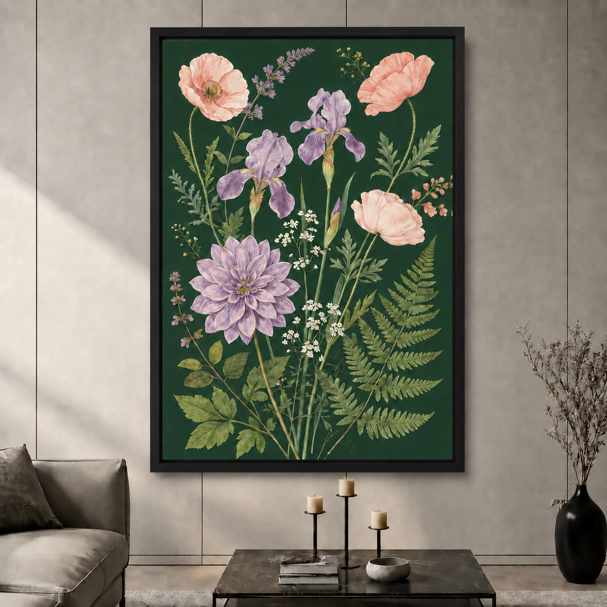 Dark Botanical Floral Garden Illustration Canvas Art