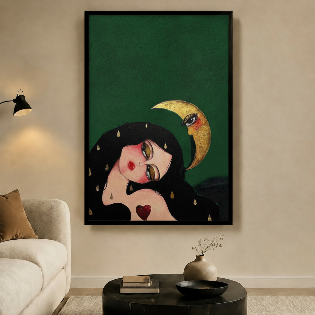 Dreaming Girl Golden Moon Surreal Canvas Wall Art