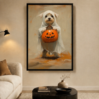 Ghost Dog Halloween Pumpkin Canvas Wall Art