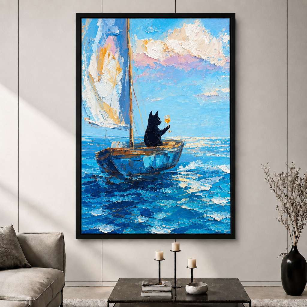 Sailing Cat Wine Ocean Canvas Wall Art