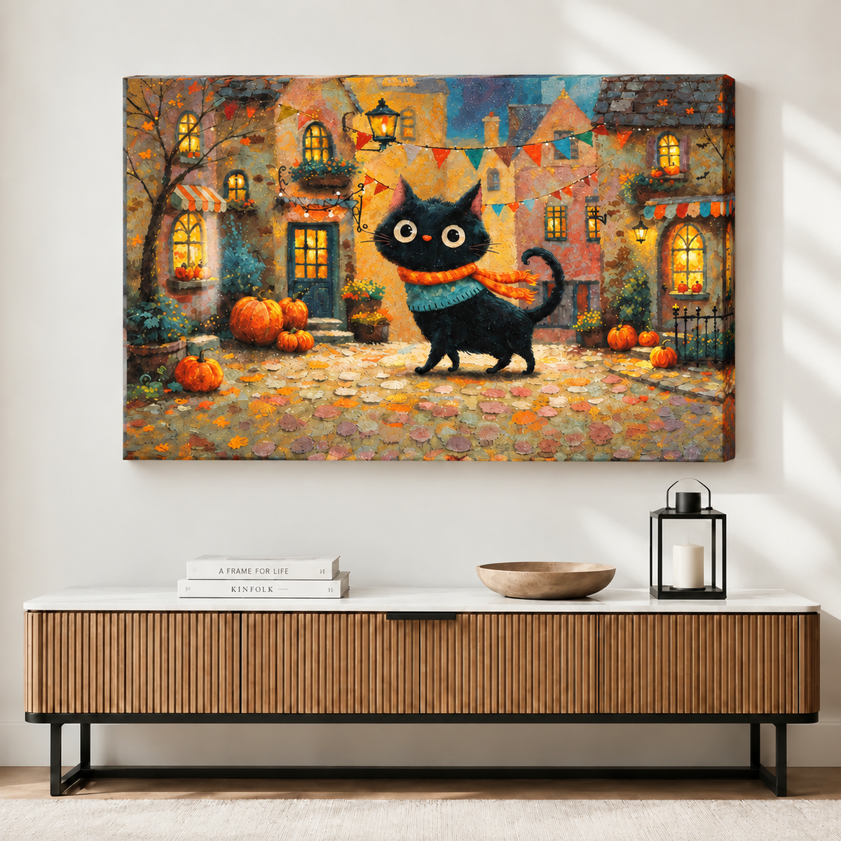 Whimsical Black Cat Halloween Village Canvas Art