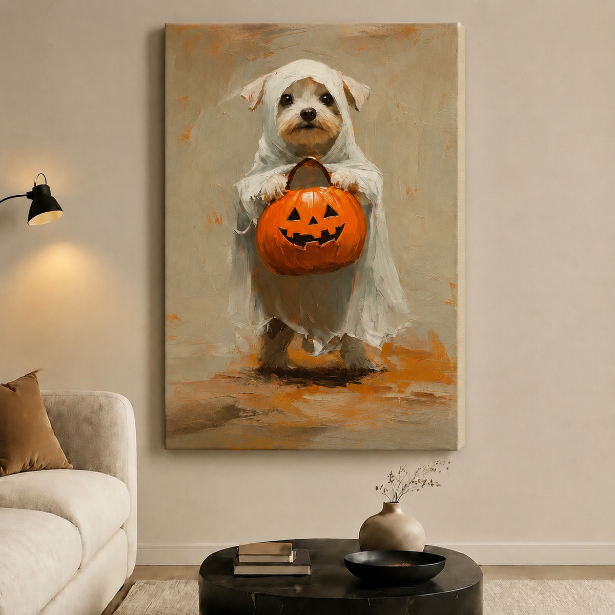 Ghost Dog Halloween Pumpkin Canvas Wall Art