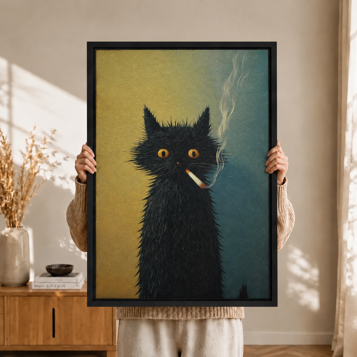 Funny Smoking Black Cat Canvas Wall Art