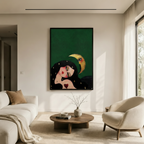 Dreaming Girl Golden Moon Surreal Canvas Wall Art