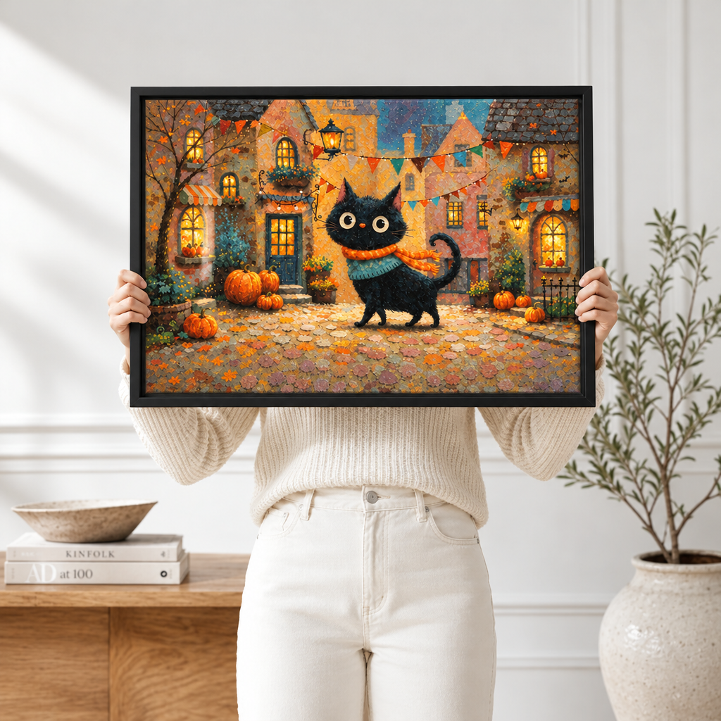 Whimsical Black Cat Halloween Village Canvas Art