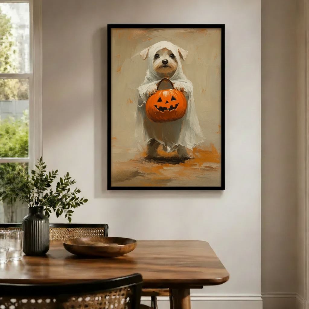 Ghost Dog Halloween Pumpkin Canvas Wall Art