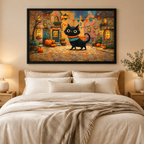 Whimsical Black Cat Halloween Village Canvas Art