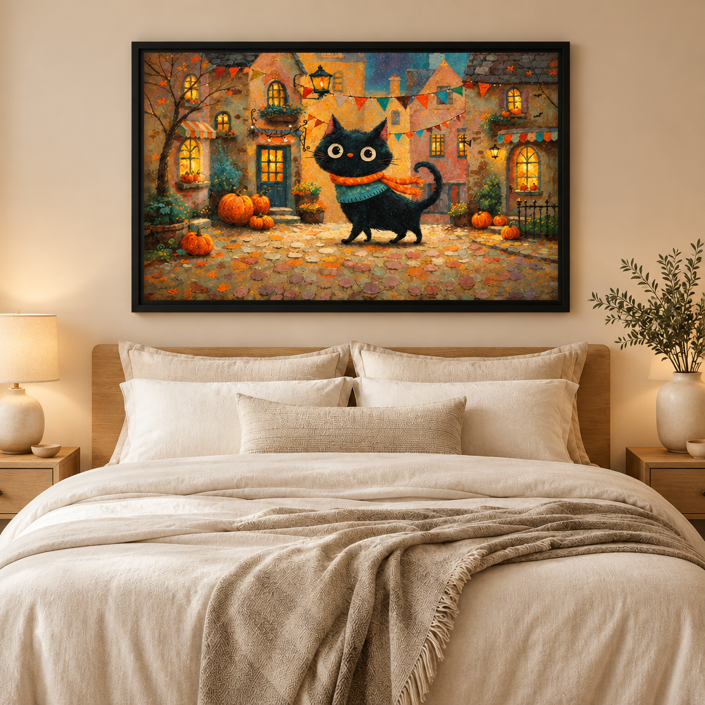 Whimsical Black Cat Halloween Village Canvas Art