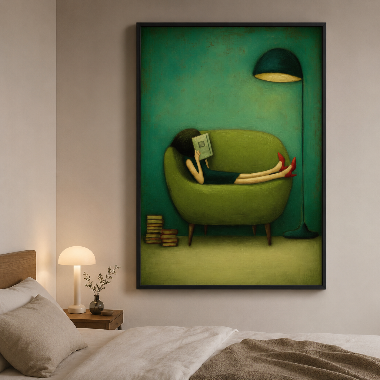 Cozy Reader Girl Green Sofa Whimsical Canvas Art-t1014
