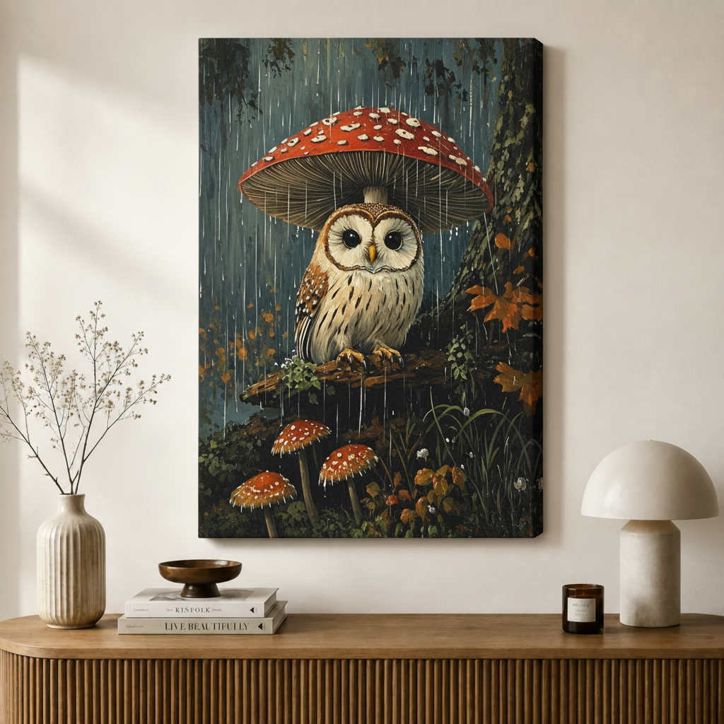 Owl Mushroom Rain Forest Canvas Wall Art