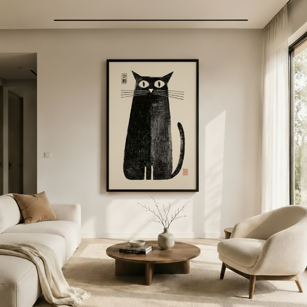 Zen Black Cat Japanese Woodblock Canvas Wall Art