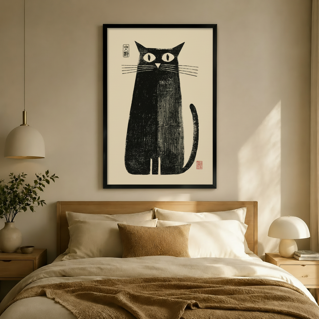 Zen Black Cat Japanese Woodblock Canvas Wall Art