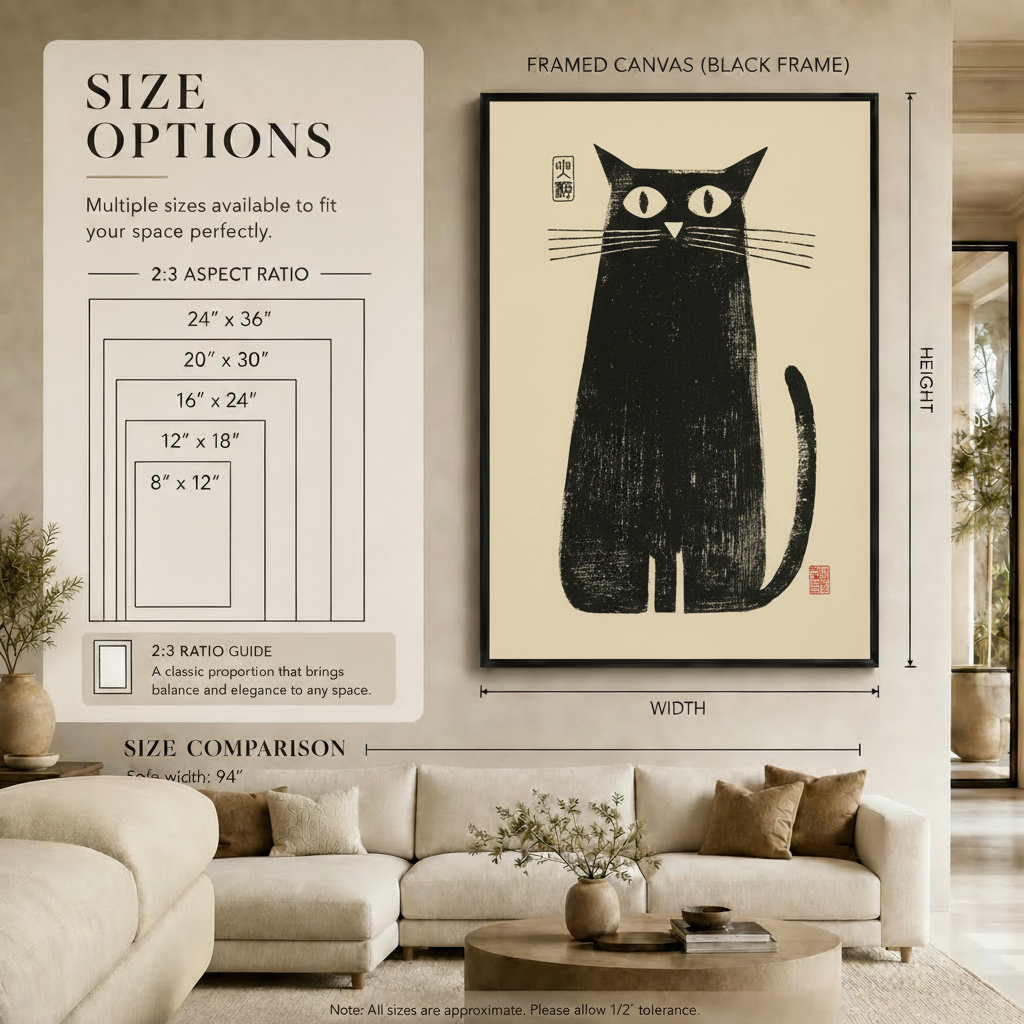 Zen Black Cat Japanese Woodblock Canvas Wall Art