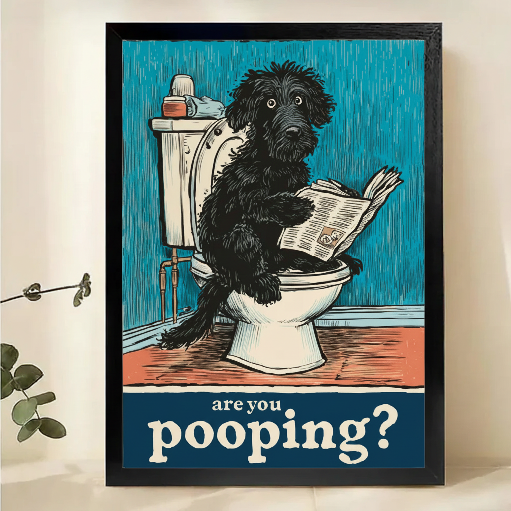 Are You Pooping? Funny Dog Wall Art – Vintage Woodcut Bathroom Canvas Print on Natural Wood Frame | W2099