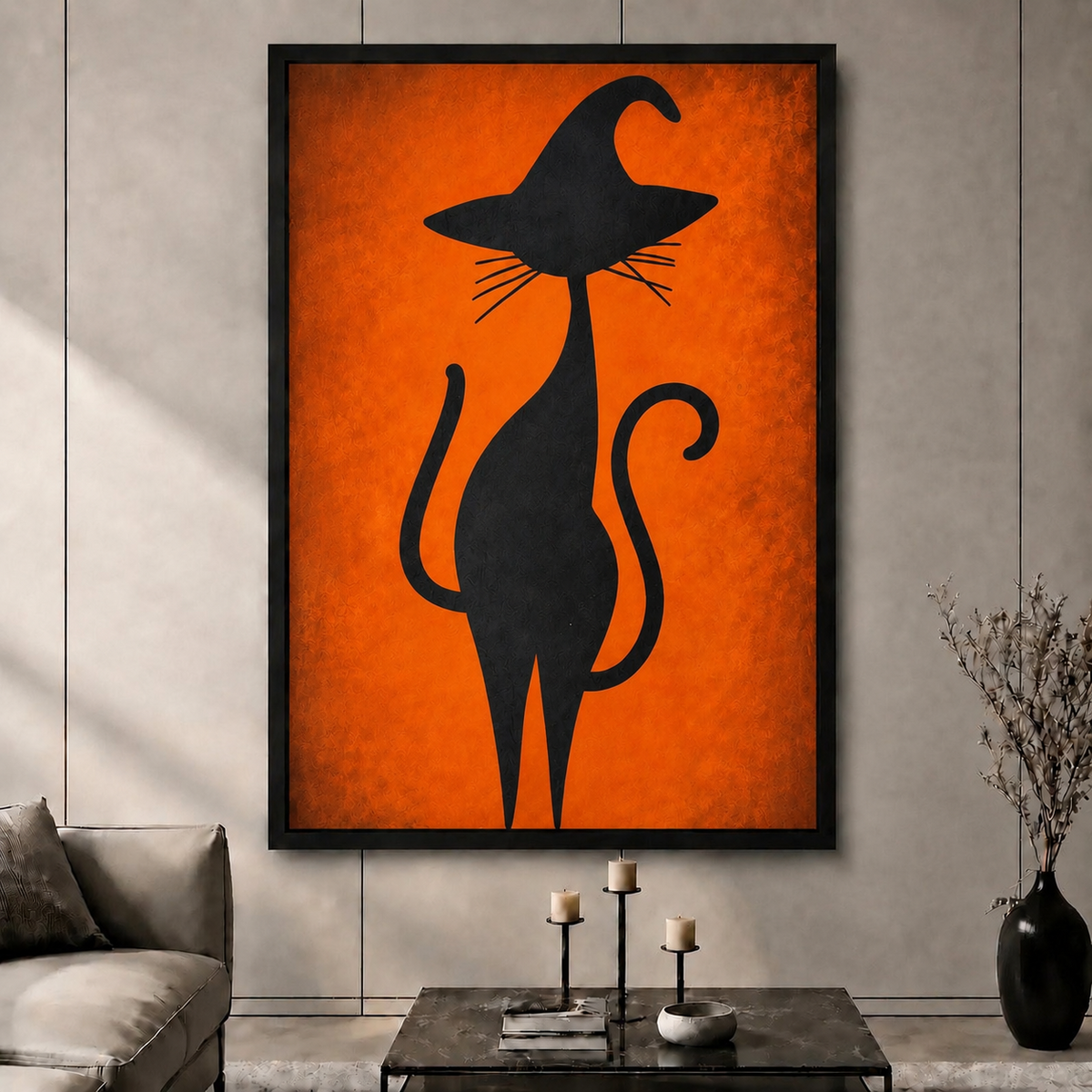 High-end modern witch hat black cat silhouette canvas decorative painting