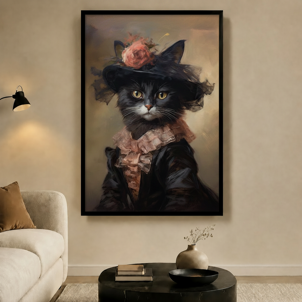 Victorian Black Cat Rose Hat Portrait Canvas Wall Art
