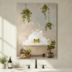 Cute Frog Bubble Bath Botanical Canvas Wall Art