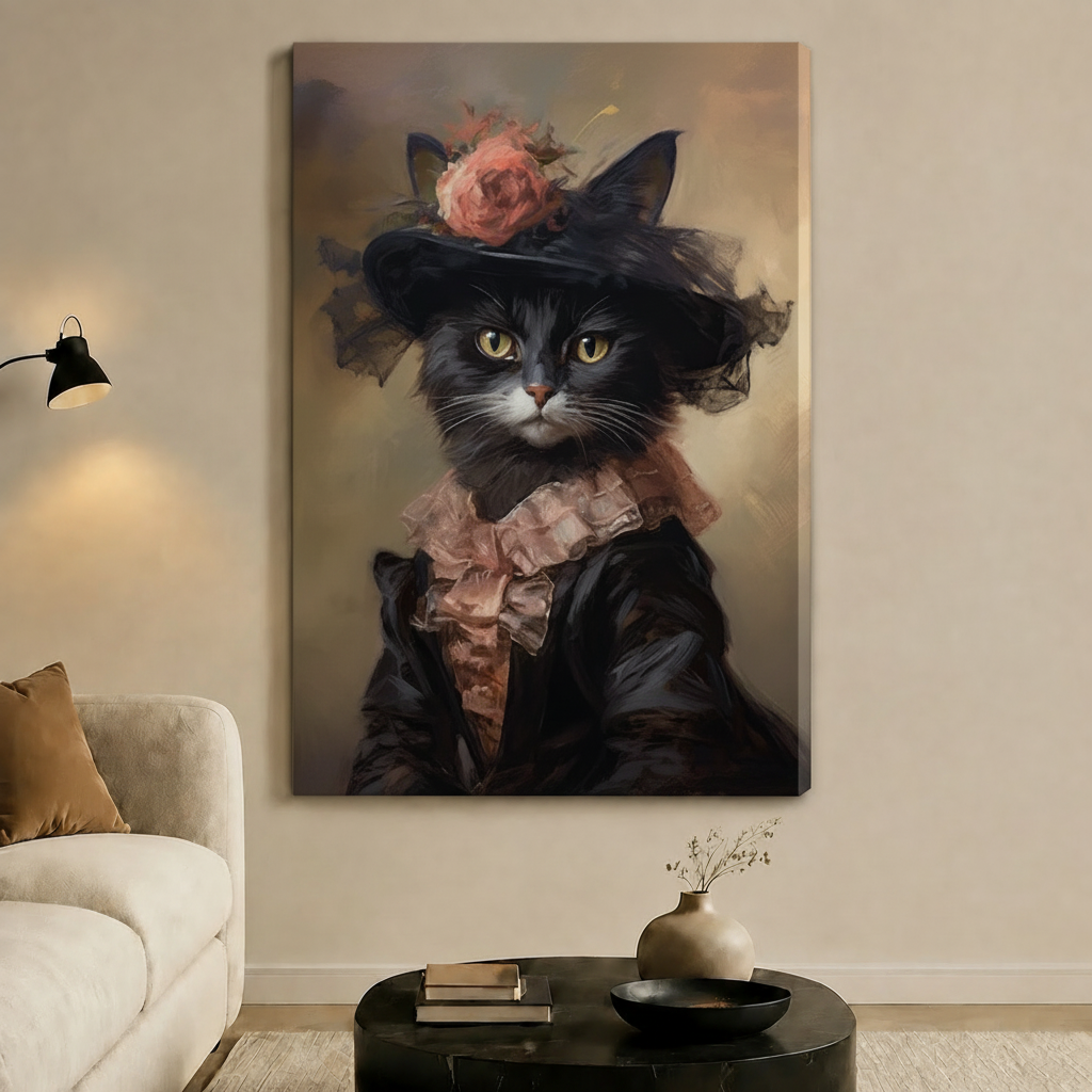 Victorian Black Cat Rose Hat Portrait Canvas Wall Art
