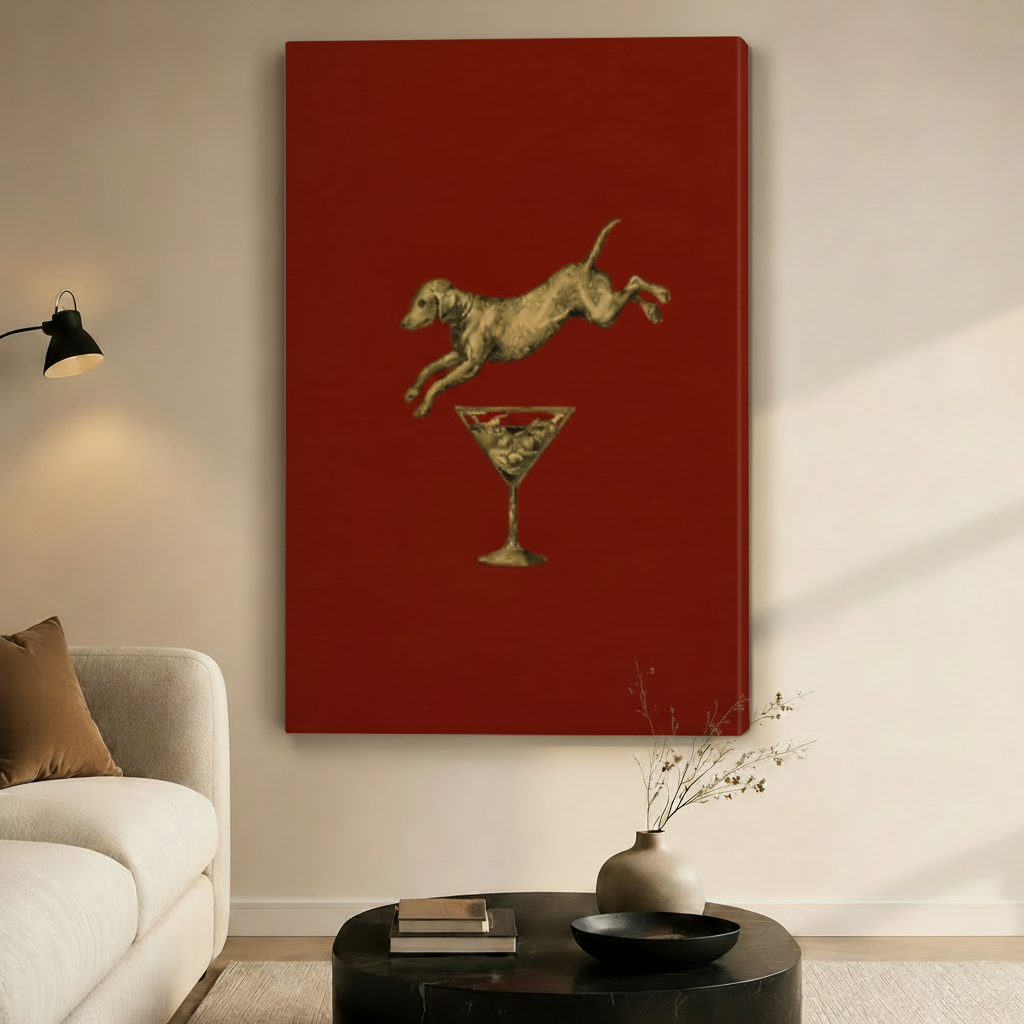 客厅无框画布 — 红底猎犬马提尼杯