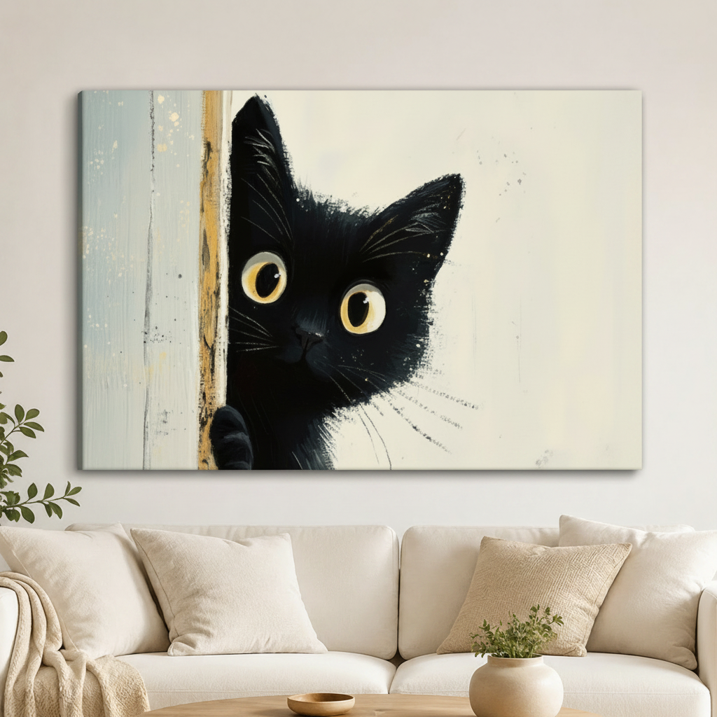 偷窥黑猫替换至客厅沙发无框帆布场景（正方形）