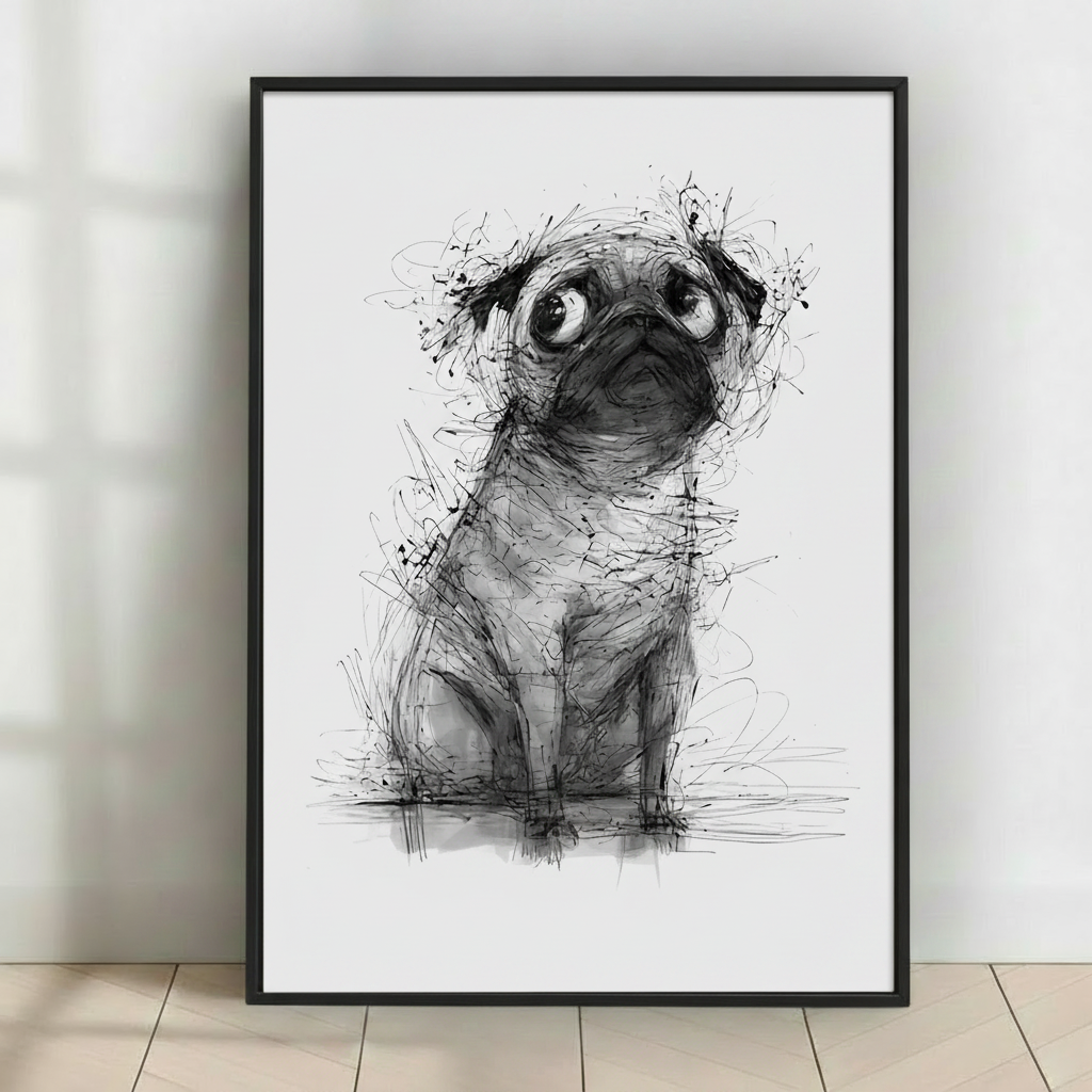 巴哥犬素描替换至白墙地板倚靠场景（正方形）
