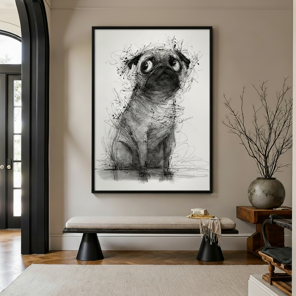 巴哥犬素描替换至豪华玄关场景（正方形）