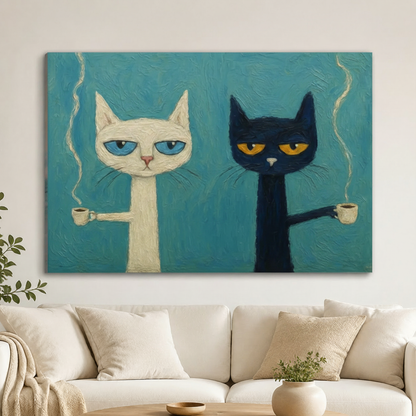双猫咖啡替换至白色沙发客厅无框帆布场景（正方形）