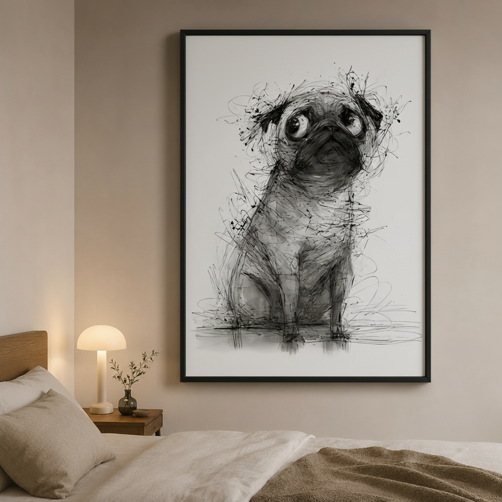 巴哥犬素描替换至卧室场景（正方形）