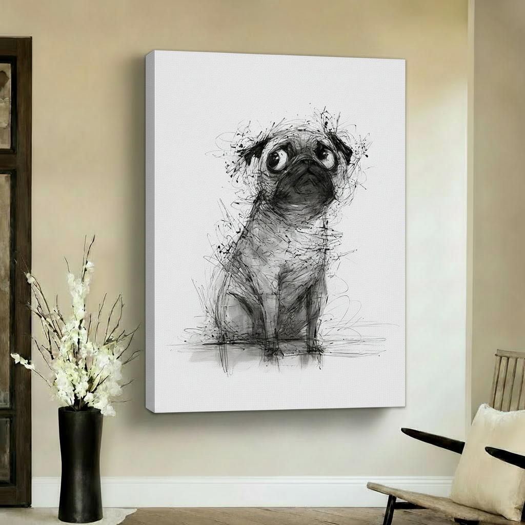 巴哥犬素描替换至客厅无框帆布场景（正方形）