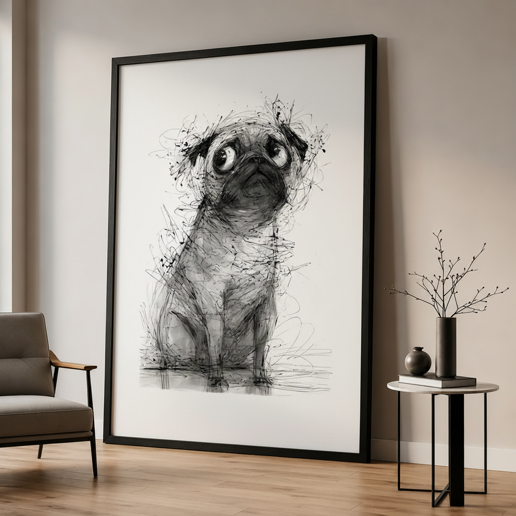 巴哥犬素描替换至现代客厅黑框场景（正方形）
