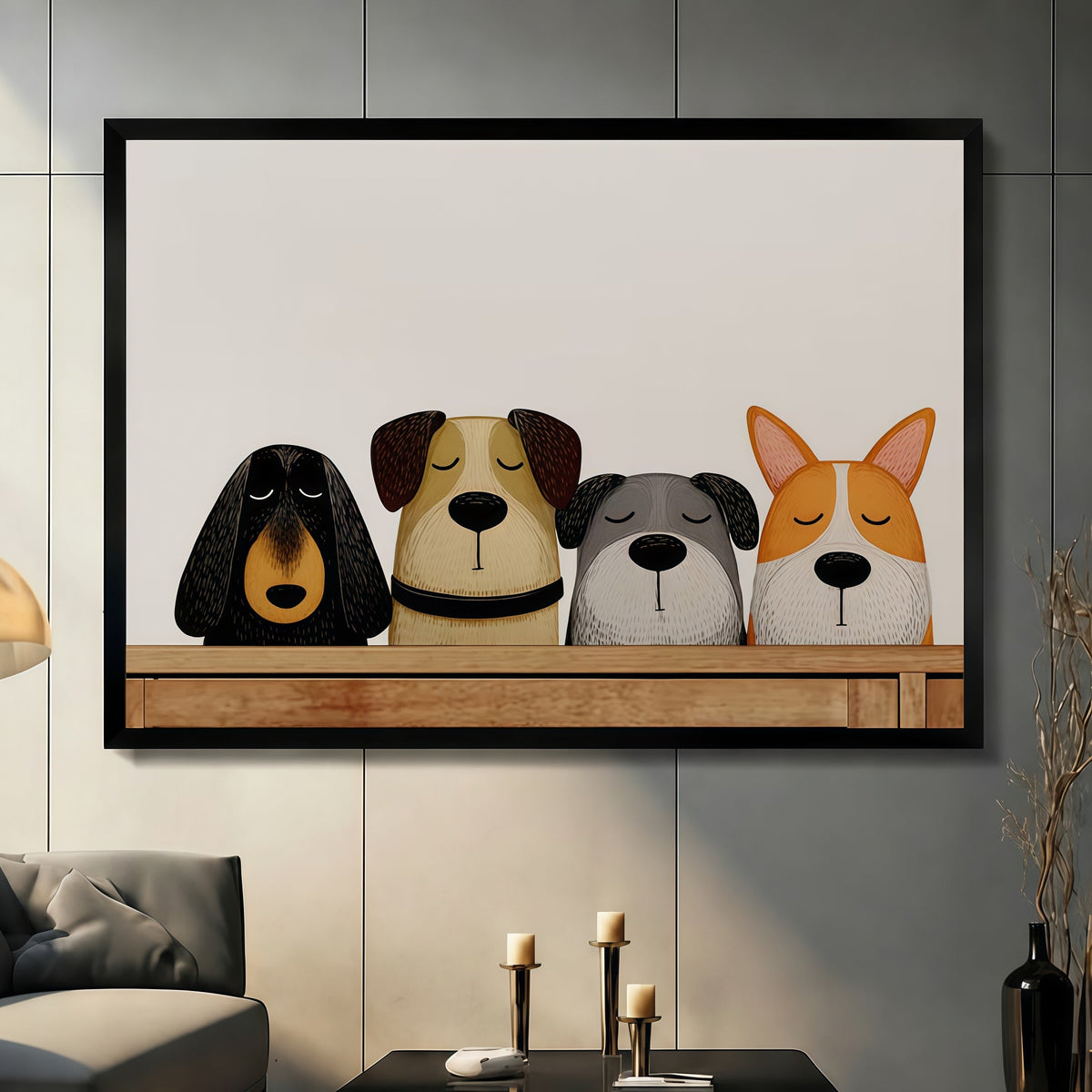 Four Dogs Peeking Over Shelf Canvas Art