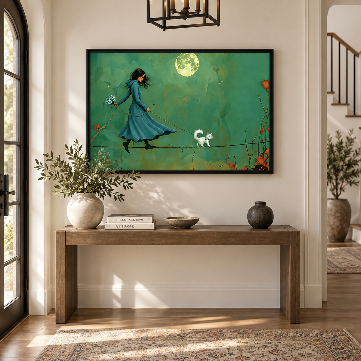 Moonlit Walk Canvas Art – Whimsical Moon & Cat